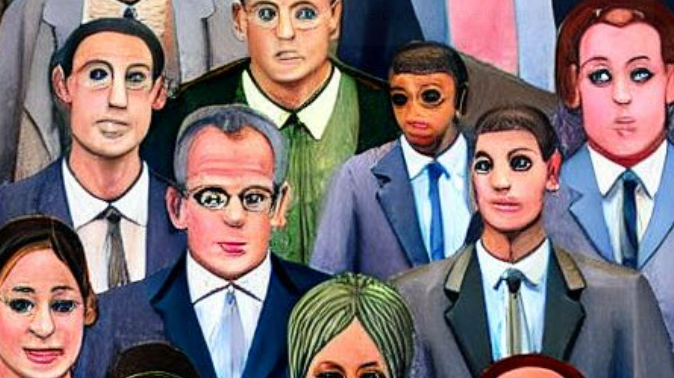 Cartoon of various distorted faces.